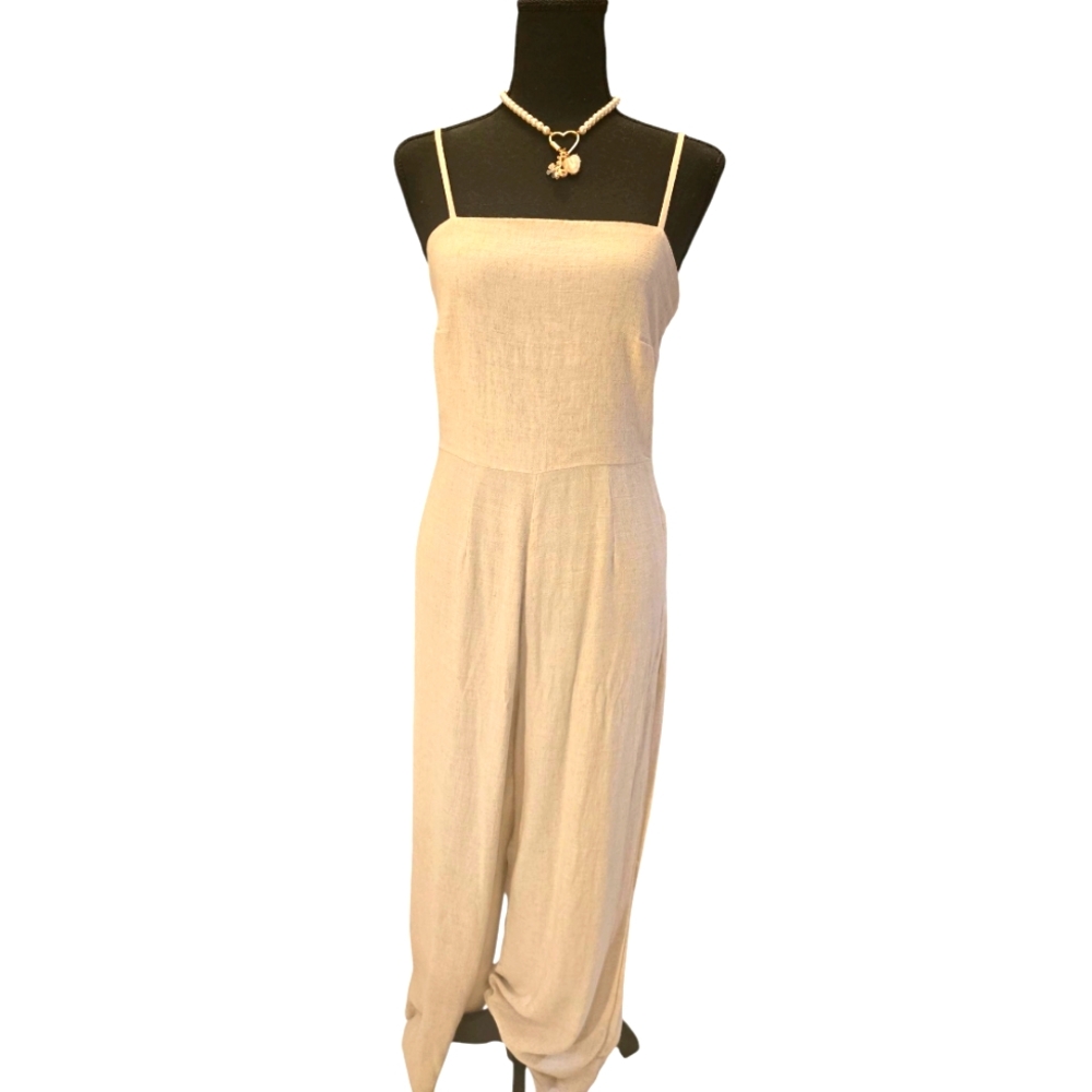 Stradivarius 100% Cotton Cream Spaghetti Strap Jumpsuit